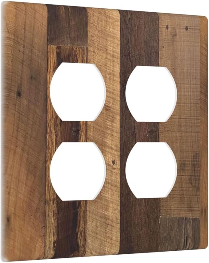 Outlet Covers Natural Wood Brown Wooden Planks 2 Gang Double Duplex Decorative Light Switch Covers Electrical Wallplates Socket Faceplate For Farmhouse Cabin Decor