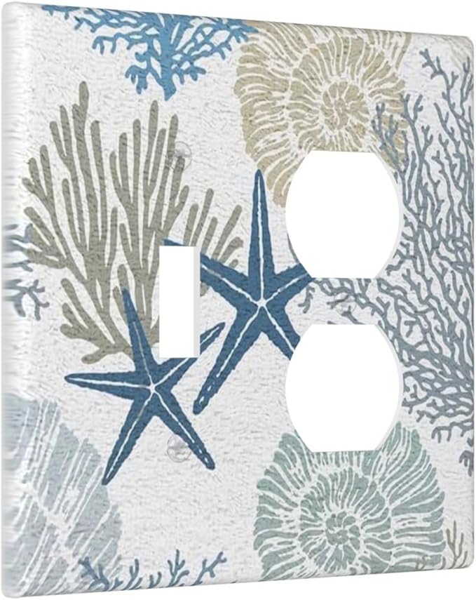 Teal Blue Ocean Nautical Beach Coral Coastal Starfish Light Switch Cover 2 Gang Combination Wall Plate 1 Toggle 1 Receptacle Duplex Switch Plate Underwater Seashell Conch Combo Device Outlet Cover