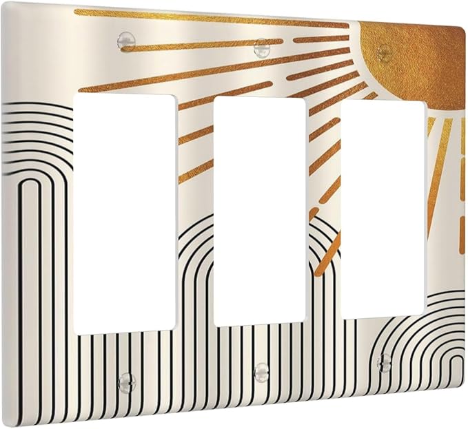 Mid Century Beige Boho Abstract Sun Vintage Arch 3 Gang Rocker Light Switch Covers Decorative Triple Outlet Wall Plate Cover Faceplate Decorative Switchplate GFCI for Country Bathroom Bedroom Decor