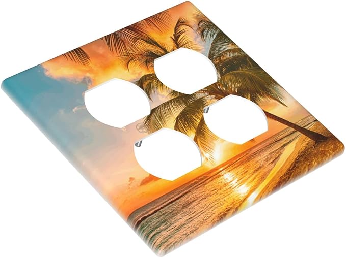 Decorative Outlet Covers Tropical Beach Ocean Palm Trees Hawaiian Sunset 2 Gang Wall Plate Double Duplex Light Switch Cover Switch Plate Covers Faceplate for Bedroom Home Decor