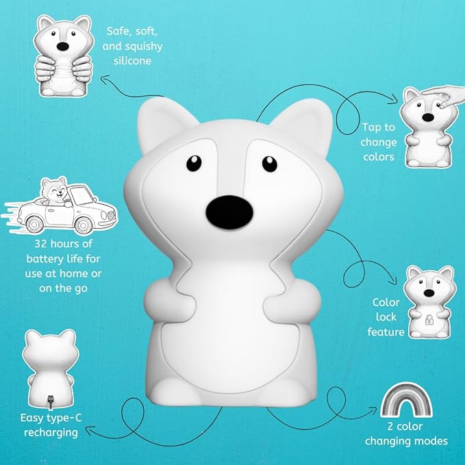 Lumipets Junior Fox Night Light, Soft Silicone Material, 8 Soothing Colors, Cordless, Easy Control, Portable