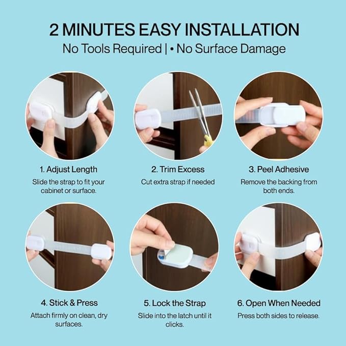Fridge Strap Lock for Kids (8 Pack) Child Proof Fridge Locks with Strong 3M Adhesive, Baby Proof Refrigerator & Cabinet Safety Locks for Toddlers and Adults