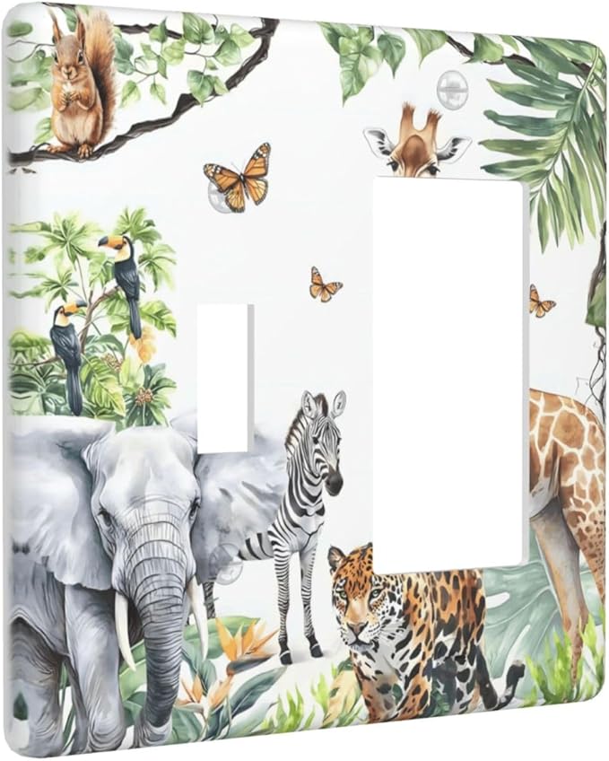 Elephant Giraffe Jungle Animals Leopard Zoo Outlet Covers 1 Toggle 1 Rocker Combination Decorative Wall Plate Electrical Switch Plates Light Switch Cover Plate for Kids Room Nursery Decor
