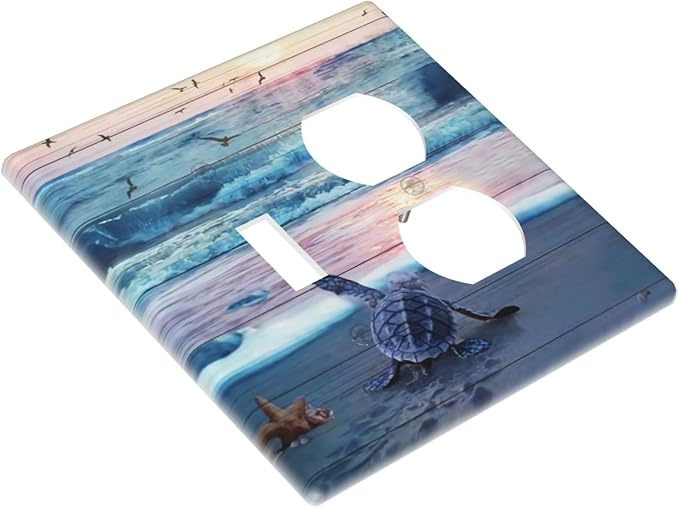 2-Gang 1-Toggle 1-Duplex Combination Wall Plate Nautical Ocean Teal Blue Beach Turtle Sea Life Coastal Starfish Sunset Two Combo Double Device Toggle/Outlet Receptacle Light Switch Face Plate Cover