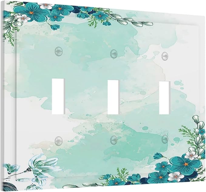 Decorative Switch Plates Blue Green Flowers Light Green Watercolor Patterns 3 Gang Wall Plate Faceplate Triple Toggle Light Switch Cover Electrical Wall Panels for Bedroom Home Decor