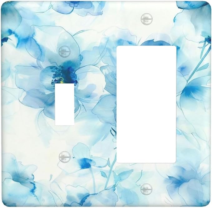 Watercolor Flower Blue White Large Floral Leaf Plants Outlet Covers 1 Toggle 1 Rocker Combination Decorative Wall Plate Electrical Switch Plates Light Switch Cover Plate for Bedroom Living Room Decor