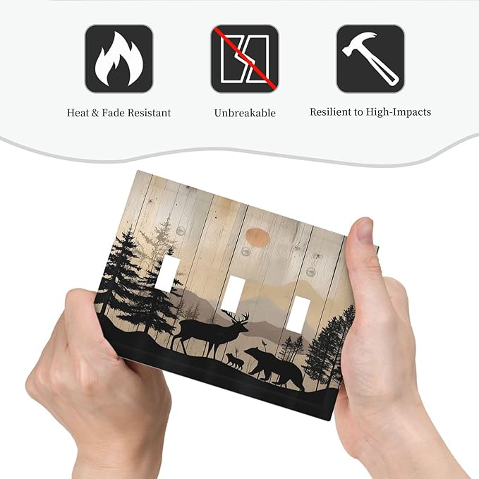 Decorative Switch Plates Wood Board Wildlife Cute Bear Deer Forest Rustic 3 Gang Wall Plate Triple Toggle Light Switch Cover Faceplate Electrical Wall Panels for Bathroom Farmhouse Decor