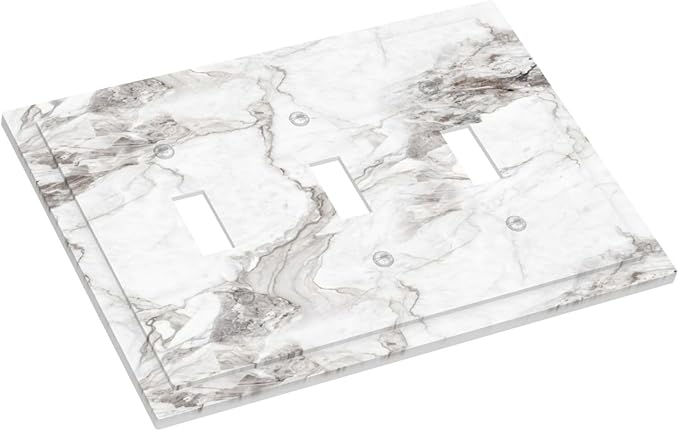 White And Gray Marble Patterns Texture Abstract Print Decorative Switch Plates 3 Gang Wall Plate Triple Toggle Light Switch Cover Faceplate Electrical Wall Panels for Bathroom Kitchen Decor