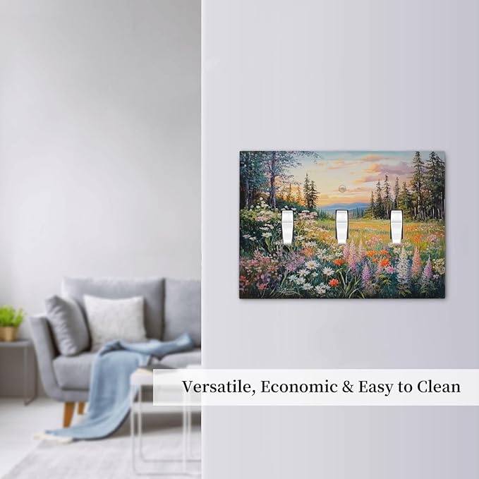 Decorative Switch Plates Floral Landscape Rustic Nature Wildflower 3 Gang Wall Plate Triple Toggle Light Switch Cover Faceplate Electrical Wall Panels For Bed Room Living Room Decor