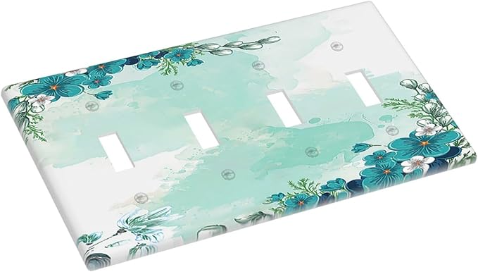 Light Switch Covers Blue Green Flowers Light Green Watercolor Patterns Quad Toggle 4 Gang Wall Plate Electrical Faceplate Decorative Switch Plates for Bedroom Home Decor
