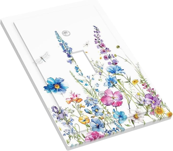 Decorative Light Switch Cover Boho Colorful Flowers Plants And Dragonflies 1 Gang Single Toggle Decorator Outlet Wall Plate Device Electrical Faceplate Switchplates for Bedroom living Room