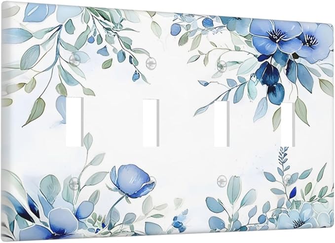 Watercolor Blue Flower Plant Floral Green Leaves Light Switch Covers Quad Toggle Electrical Faceplate 4 Gang Wall Plate Decorative Switch Plates for Bedroom Living Room Decor