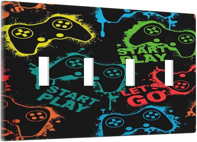 Gaming Hippie Gamer Modern Gamepad Colorful Graffiti Light Switch Covers Quad Toggle Electrical Faceplate 4 Gang Wall Plate Decorative Switch Plates Cover for Kids Room Nursery Decor