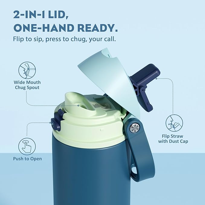 POWCAN 24 oz Insulated Stainless Water Bottle: 2-in-1 Push-Button Spout & Quick-Flip Straw, Leakproof, Cold 24 Hrs, Fits Car Cup Holder, Reusable Metal Bottle for Sports, School Gift (Denim Blue)