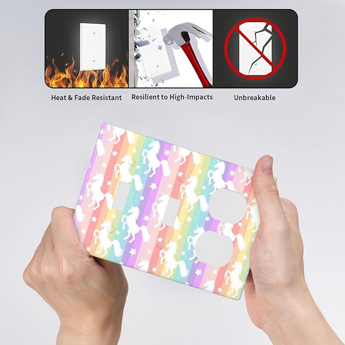 Rainbow Colorful Unicorn 3 Gang 2 Toggle 1 Duplex Combination Decorator Light Switch Outlet Cover Wall Plate, Cute Girls Kids Dream Fantasy Animals Triple Device Combo Receptacle Switch Face Plate