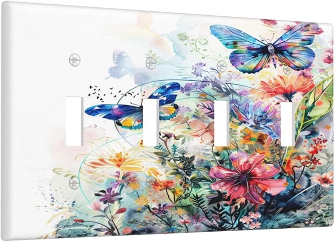 Light Switch Cover Plate Watercolor Colorful Floral Butterflies Wildflowers 4 Gang Quad Toggle Decorative Switch Plates Electrical Wall Plates Faceplate for Bathroom Bedroom Decor