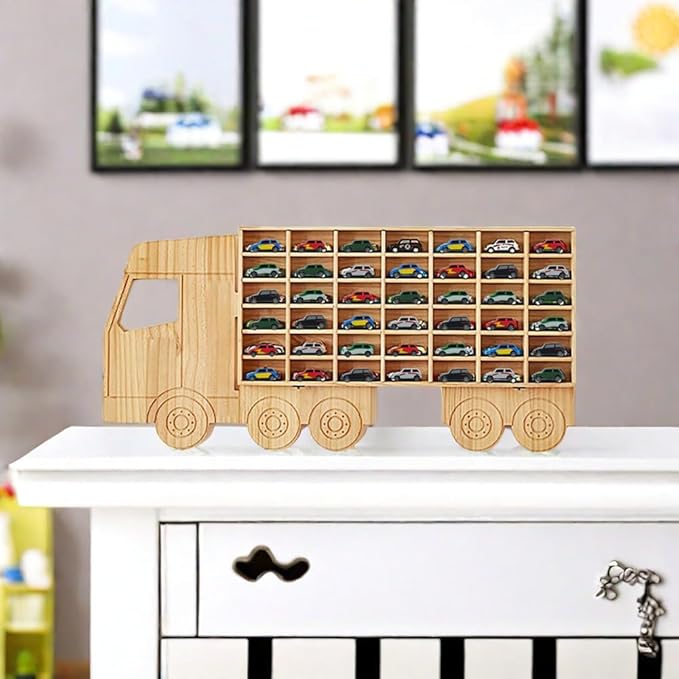 Wood Toy Car Display Rack, Holds 42 Diecast Cars Model Car Display Case 1/64 Scale Toy Cars Organizer Freestanding or Wall-Mounted Toy Car Storage Cabinet