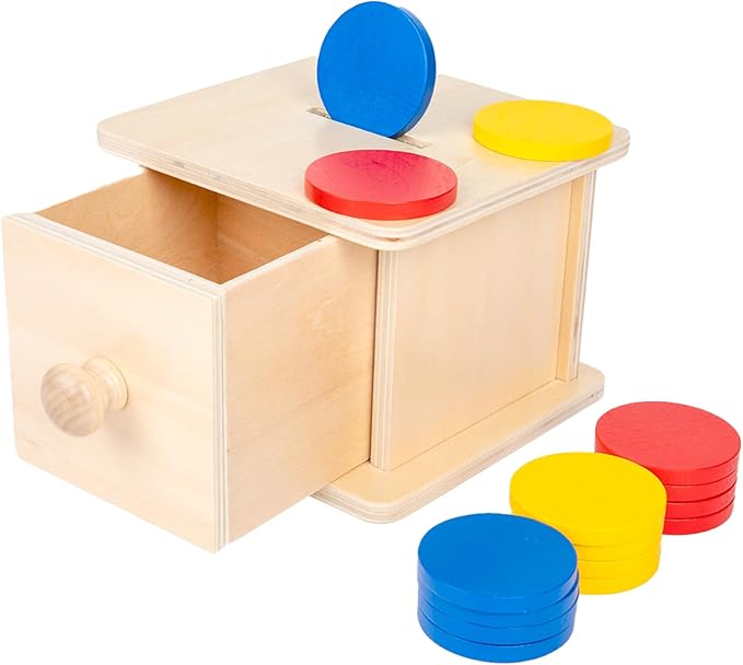 Adena Montessori Coin Box,Object Permanence Box Toys for 1 Year Old Baby Coins,Wooden Montessori Ball Drop Developmental Toys for 6-12 Month Infant,Learning Kids Gifts(Typical Drawer Comes Out)