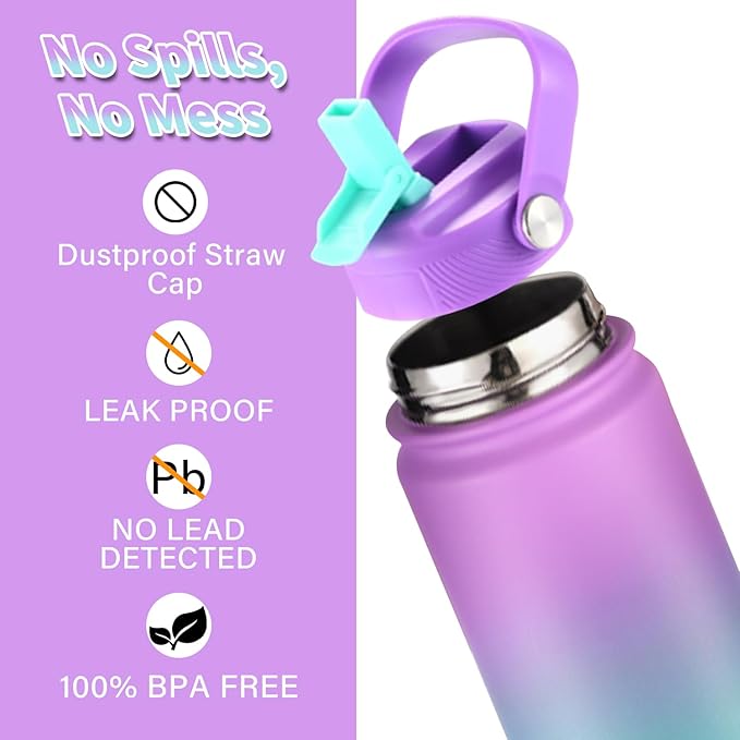 Mininoo Insulated Stainless Steel Kids Water Bottle for School with Straw Lid & Strap, 50 Stickers, 18 oz(Purple/Sky)