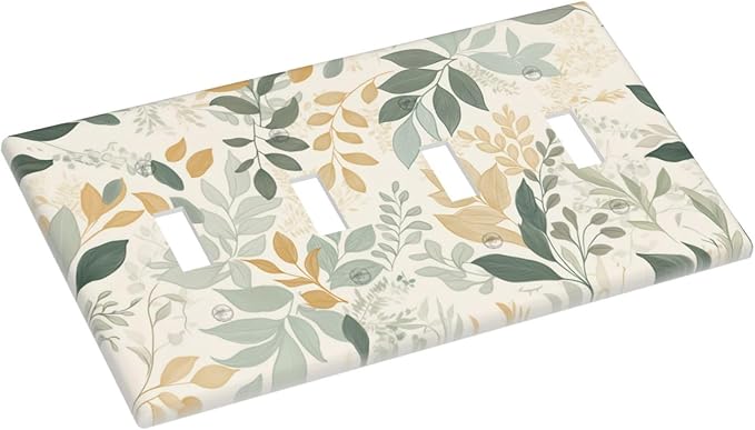Boho Watercolor Leaves Quad Toggle Light Switch Cover Watercolor Green Botanical 4 Gang Wall Plate Decorative Electrical Switchplates Covers for Country Bathroom Bedroom Kitchen Decor