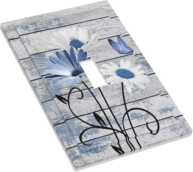 Blue White Daisy Flower Butterfly Rustic Wood Board Decorative Light Switch Cover 1 Gang Single Toggle Device Electrical Faceplate Switchplates Decorator Outlet Wall Plate for Farmhouse Bedroom Decor