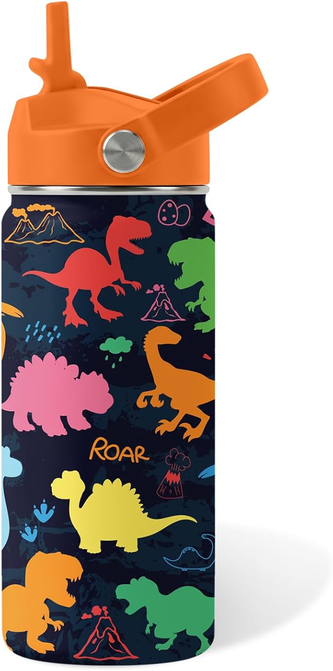 Dinosaur Gifts for Kids - 16oz Colorful Dino Water Bottle with Straw Lid, Stainless Steel Insulated Tumbler, Leakproof, BPA-Free, for Boys & Girls, School, Travel - Dino Lovers Birthday Gift Cup (1pc)