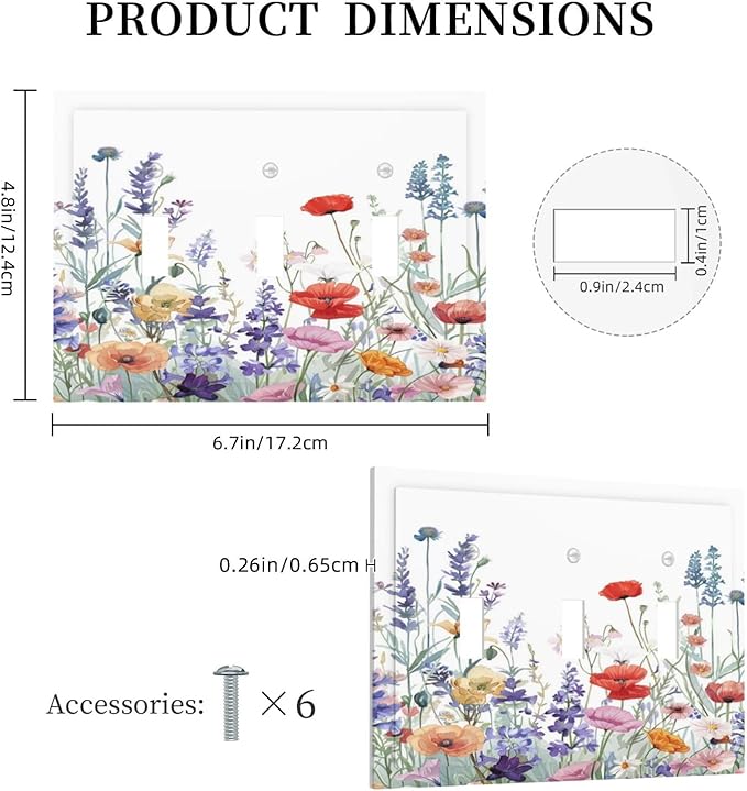 Colorful Floral Purple Lavender Flower Leaves Plants Decorative Switch Plates 3 Gang Wall Plate Triple Toggle Light Switch Cover Faceplate Electrical Wall Panels for Bed Room Living Room Decor