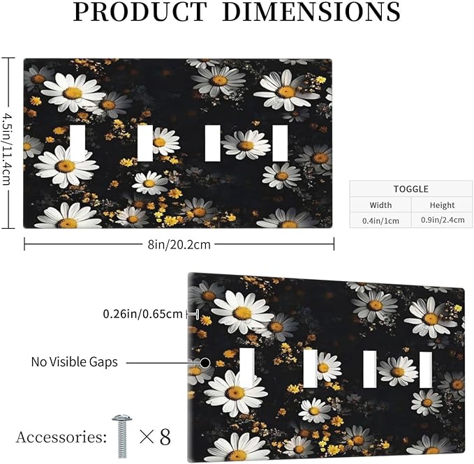 White Black Daisy Wildflower Modern Chrysanthemum Light Switch Covers Quad Toggle Electrical Faceplate 4 Gang Wall Plate Decorative Switch Plates Cover for Bedroom Farmhouse Decor
