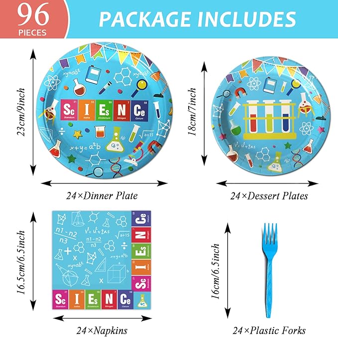 96 Pcs Science Party Plates Napkins Tableware Set Mad scientist Supplies Disposable Dinnerware Little Scientist Decoration Favors for Kids, 24 Guests