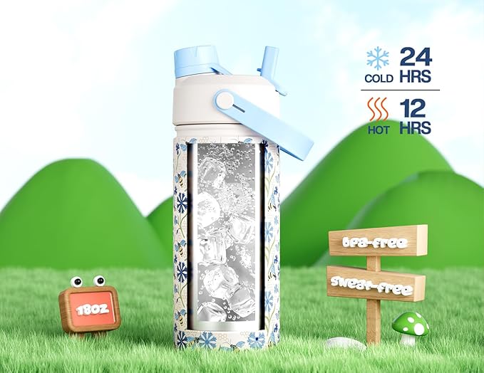 18 oz Kids Water Bottle for School: Spill-Resistant, Insulated 24H Cold Cup with 2-in-1 Straw Spout Lid, BPA-Free, Backpack Friendly, Durable, Cute Birthday Gift for Daughter, Girls (Buzzin' Blues)