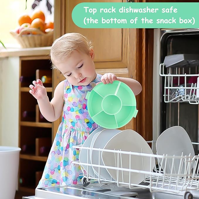 JOOPETALK Kids' Rotating Snack Container Set – 2-Pack, Includes 1 Rotating Snack Container & 1 Round Sectioned Snack Box, BPA-Free, Dishwasher Safe, Perfect for Travel-Green