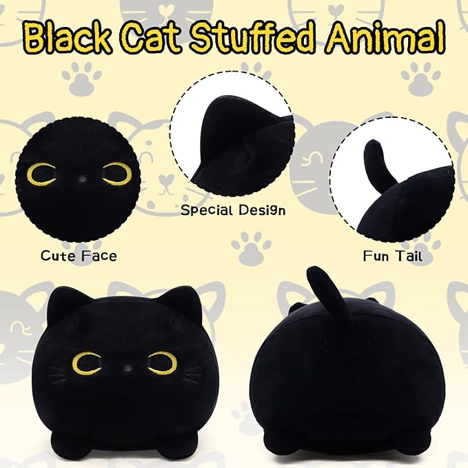 Black Cat Plush Pillow, Kawaii Black Cat Stuffed Animals Cat Plushie, Cute Black Cat Pillow Stuffed Cat Toys for Kids Birthday Christmas Home Decoration