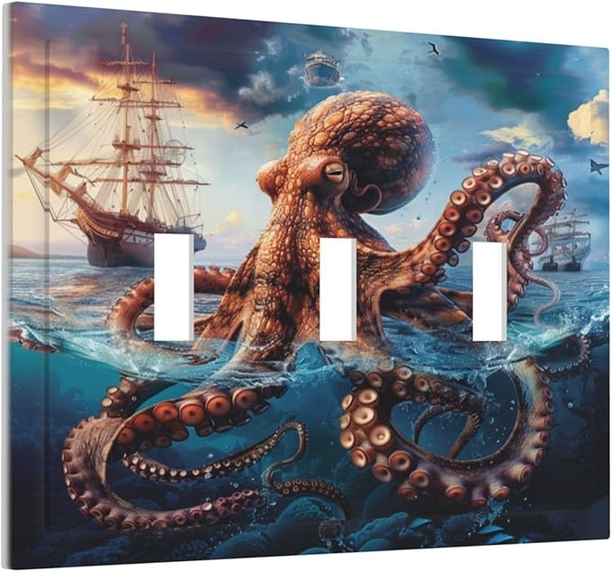 Light Switch Cover Plate Deep Ocean Octopus Sailboat Sea Monster 3 Gang Triple Toggle Decorative Switch Plates Wall Plates Electrical Switchplate Faceplate for Bathroom Bedroom Decor