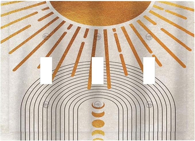 Mid Century Gold Sun Abstract Arch Boho Moon 3 Gang Light Switch Covers Decorative Unique Triple Toggle Wall Plate Electrical Faceplate Switchplate for Kitchen Bathroom Bedroom Home Decor