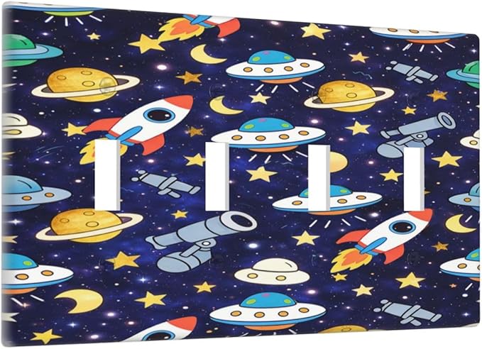 Decorative Light Switch Cover Plate Blue Space-themed Rocket Spaceship 4 Gang Wall Plates for Electrical Quad Toggle Switch Plate Covers Outlet Covers Faceplate for Children's Room Decor