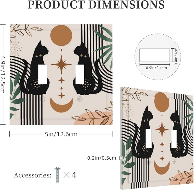 Witchy Mystic Gothic Funny Boho Mid Century Black Cute Cat Moon Phase Abstract Leaf 2 Gang Electrical Double Toggle Outlet Light Switch Wall Plate Decorative Receptacle Face Switchplate Cover Mid Size
