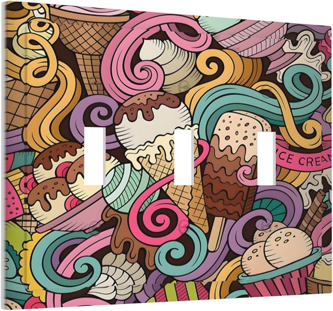 Cartoon Hand Drawn Ice Cream Doodles Colorful Print Decorative Switch Plates 3 Gang Wall Plate Triple Toggle Light Switch Cover Faceplate Electrical Wall Panels for Kids Room Nursery Decor