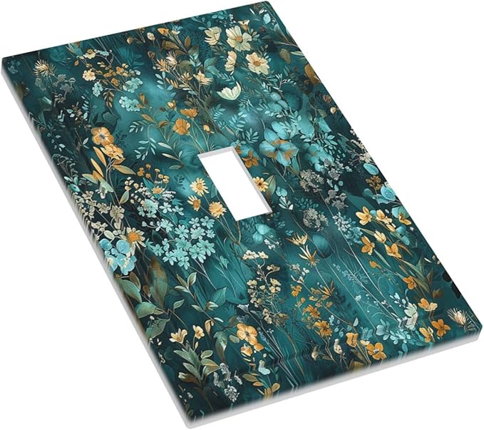 Decorative Light Switch Cover Green Leaf Floral Boho Golden Flower Plant 1 Gang Single Toggle Device Electrical Faceplate Switchplates Decorator Outlet Wall Plate For Bed Room Cabin