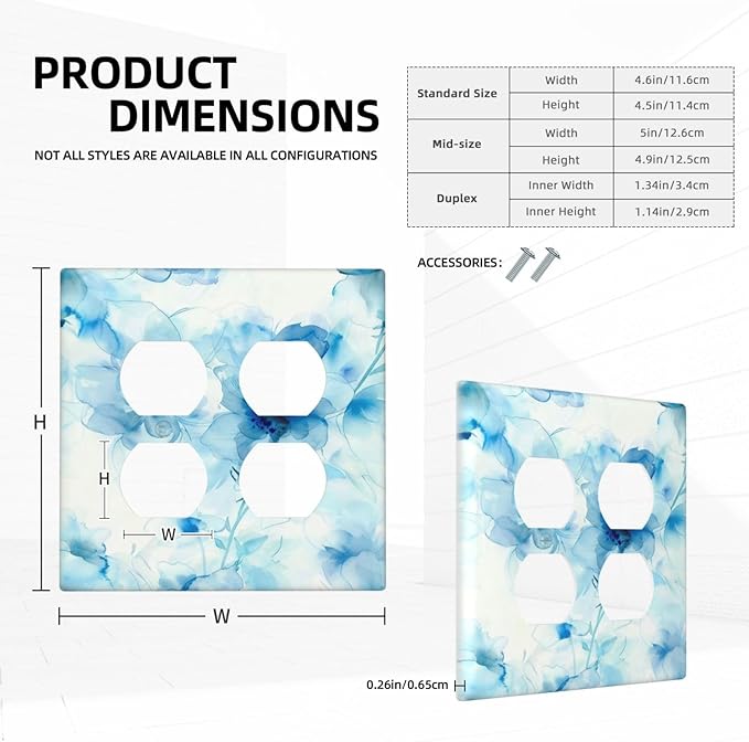 Watercolor Flower Blue White Large Floral Leaf Plants Outlet Covers 2 Gang Double Duplex Decorative Light Switch Covers Electrical Wallplates Socket Faceplate for Bedroom Living Room Decor