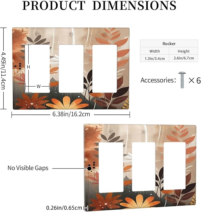 Boho Minimalist Vintage Wildflowers Plant Floral Art Watercolor Light Switch Covers 3 Gang Rocker Decorative Triple Outlet Wall Plate Cover Switchplate Electrical Gfci for Bedroom Living Room