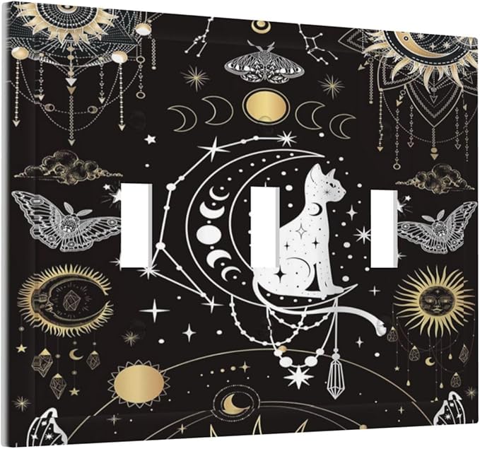 White Cat Tarot Moon Phases Moth Celestial Gothic Decorative Switch Plates 3 Gang Wall Plate Triple Toggle Light Switch Cover Faceplate Electrical Wall Panels for Kids Room Bedroom Decor