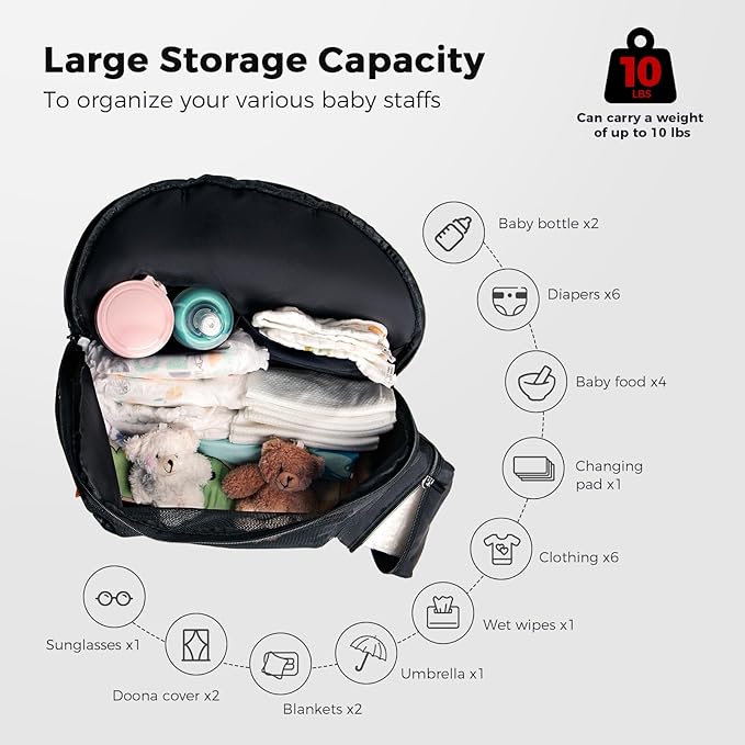 Storage Bag Compatible with Doona Car Seat Stroller, Stroller Accessories, Large Capacity, Diaper Bag Accessories, Wearable/Handle Backpack, Stroller Organizer Bag Carry-All Parent Organizer (Black)