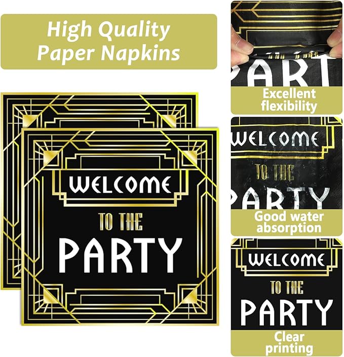 100 Pcs Roaring 1920s Party Decorations, Speakeasy Misbehave Black Gold Birthday Party Decors Art Décor Retro Murder Mystery Party Supplies for 1920s Vintage Flapper Wedding Supplies Serve 25