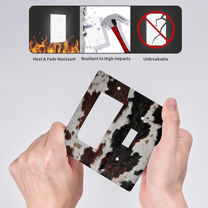 Cowhide Print Abstract Animal Fur Rustic Outlet Covers 1 Toggle 1 Rocker Combination Decorative Wall Plate Electrical Switch Plates Light Switch Cover Plate for Farmhouse Home Decor