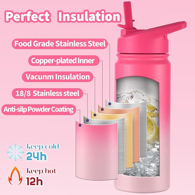 mininoo Kids Water Bottle for School, 16oz Stainless Steel Insulated Water Bottle Kids with Straw Lid for Girls, Boys (Sweat Peach)