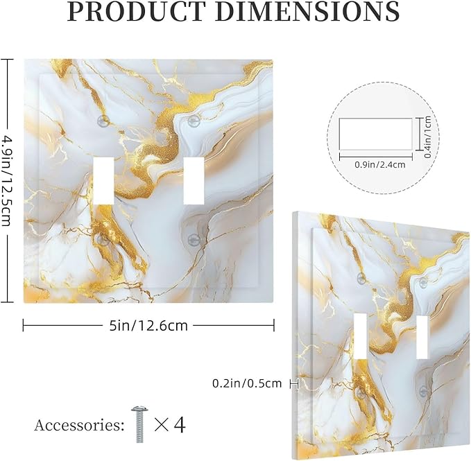 Decorative Switch Plate Cover Abstract Gold Marble Design with White & Gold 2 Gang Wall Plate Unique Double Toggle Double Light Switch Covers for Modern Luxurious Decor