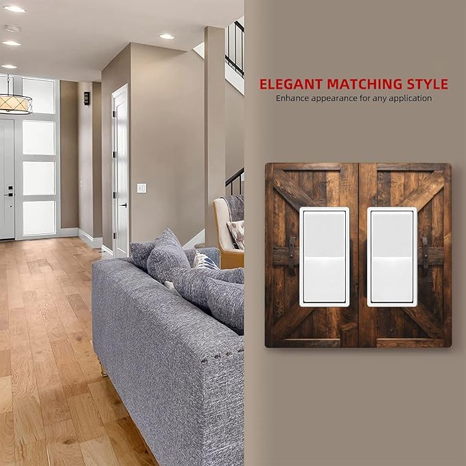 Decorative Outlet Covers Retro Brown Wood Barndoor 2 Gang Light Switch Cover Plate Double Rocker Wall Plates for Electrical Outlets Switch Plate Covers for Farmhouse Home Decor