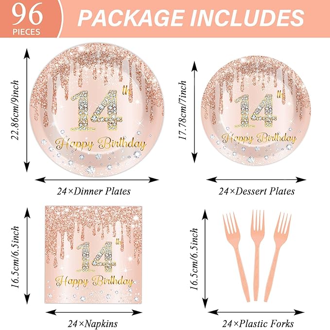 96 Pcs Rose Gold 14th Birthday Party Plates and Napkins for Girls Rose Gold Party Supplies Pink Happy 14 Years Birthday Party Tableware Set for 24 Guests Party Decorations