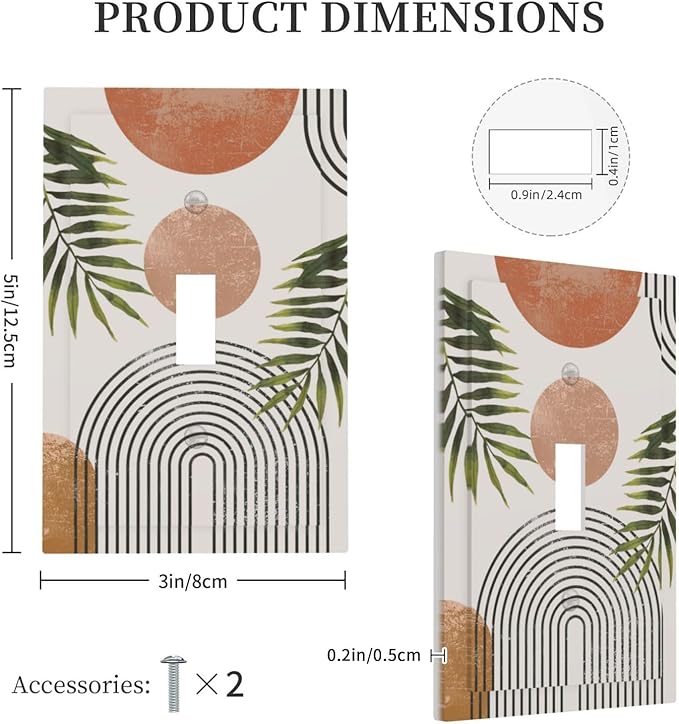 Beautiful Boho Mid Century Large Archs Sun Leaves Plants Decorative Light Switch Cover 1 Gang Single Toggle Device Electrical Faceplate Switchplates Decorator Outlet Wall Plate for Bedroom Living Room