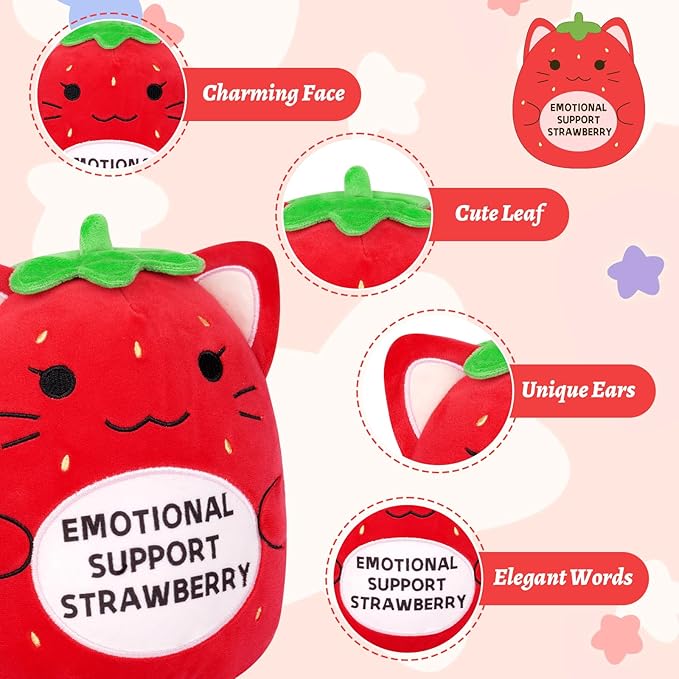Strawberry Cat Plush,8inch Emotional Support Plush with Emotional Support Strawberry Words,Cute Cat Stuffed Animal Soft Strawberry Plush Toy Positive Gifts for Kids,Men,Women